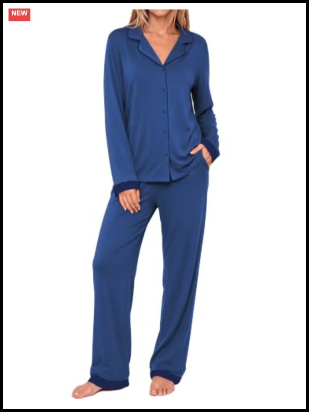 Women's Soft Long Sleeve Pajama Set with Color-Block Trim, Button Down Lounge